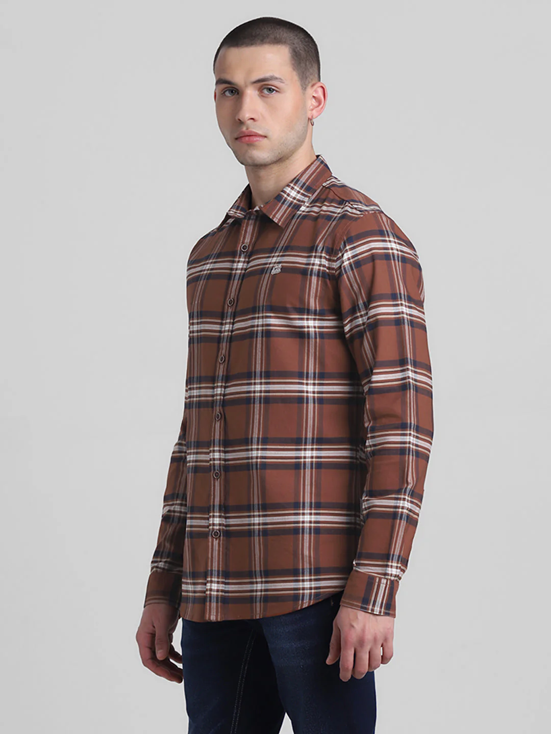 Dark Brown Check Cotton Shirt - Image 3