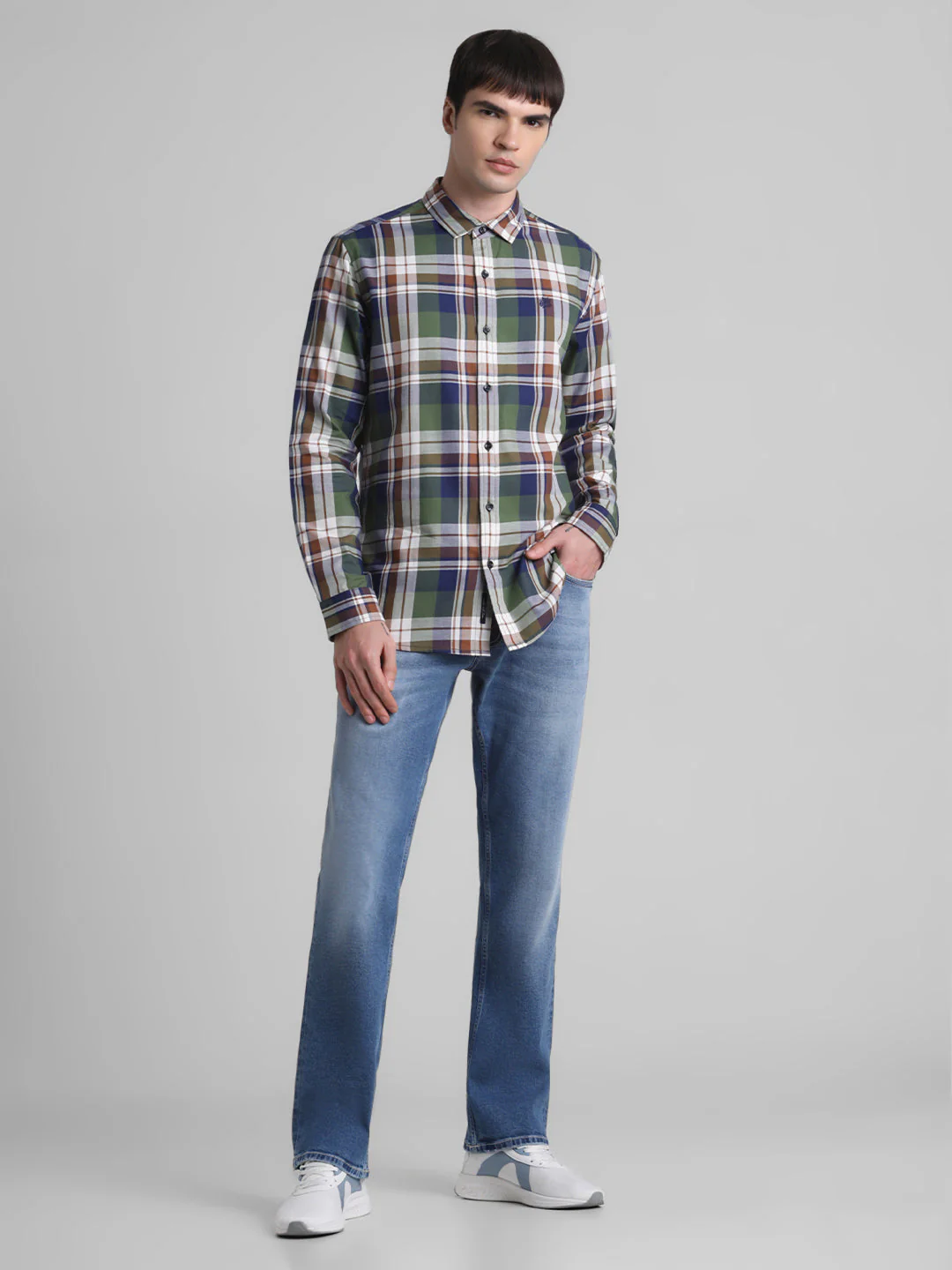 Olive Green Check Cotton Shirt - Image 6