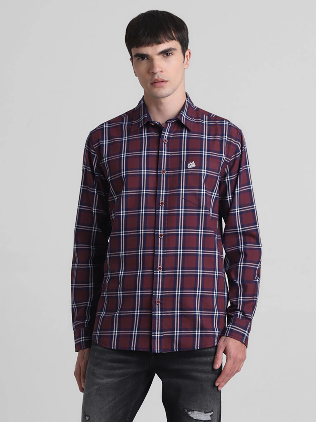 Dark Red Check Cotton Shirt - Image 2