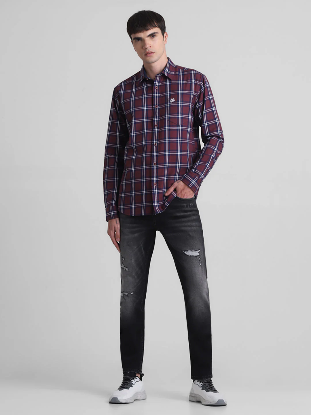 Dark Red Check Cotton Shirt - Image 6