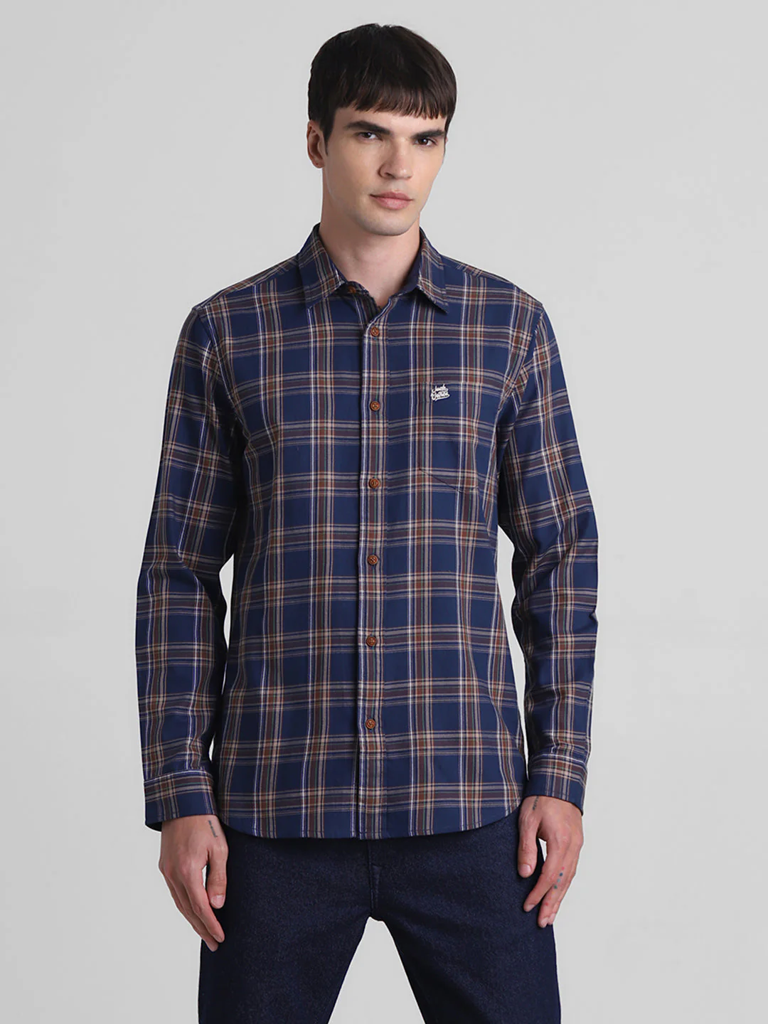 Navy Blue Check Cotton Shirt - Image 2