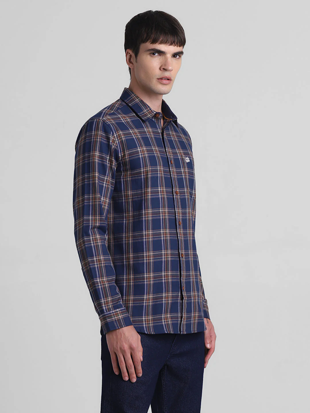 Navy Blue Check Cotton Shirt - Image 3
