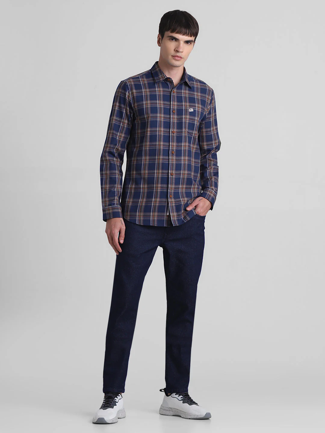 Navy Blue Check Cotton Shirt - Image 6