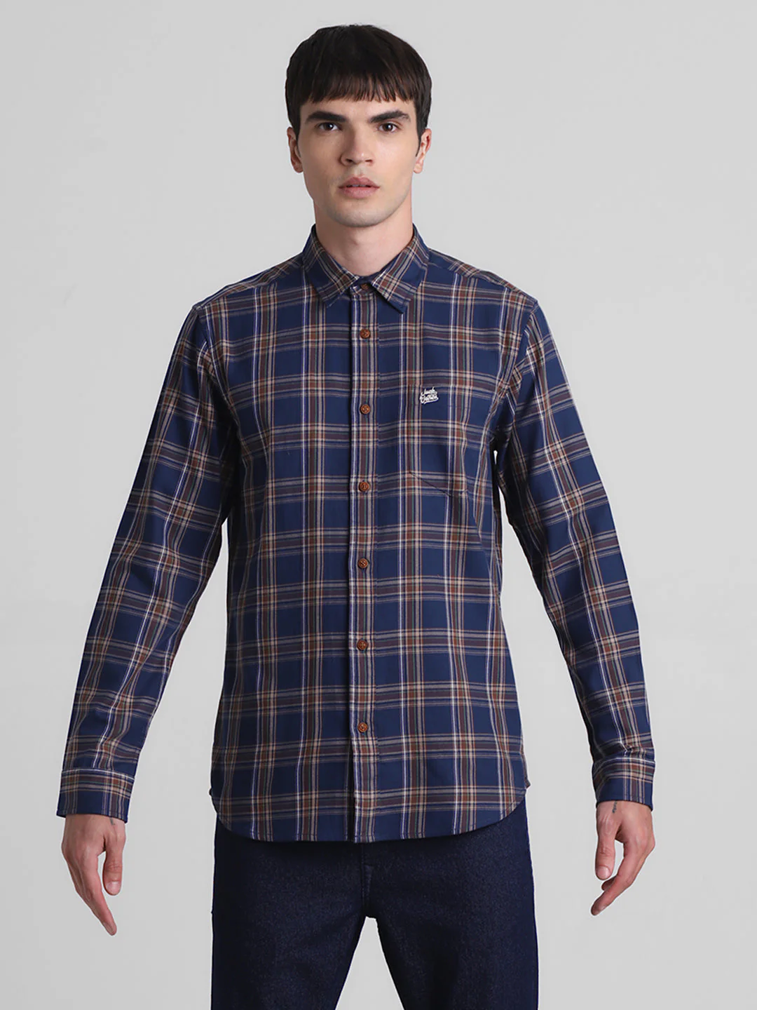 Navy Blue Check Cotton Shirt - Image 8