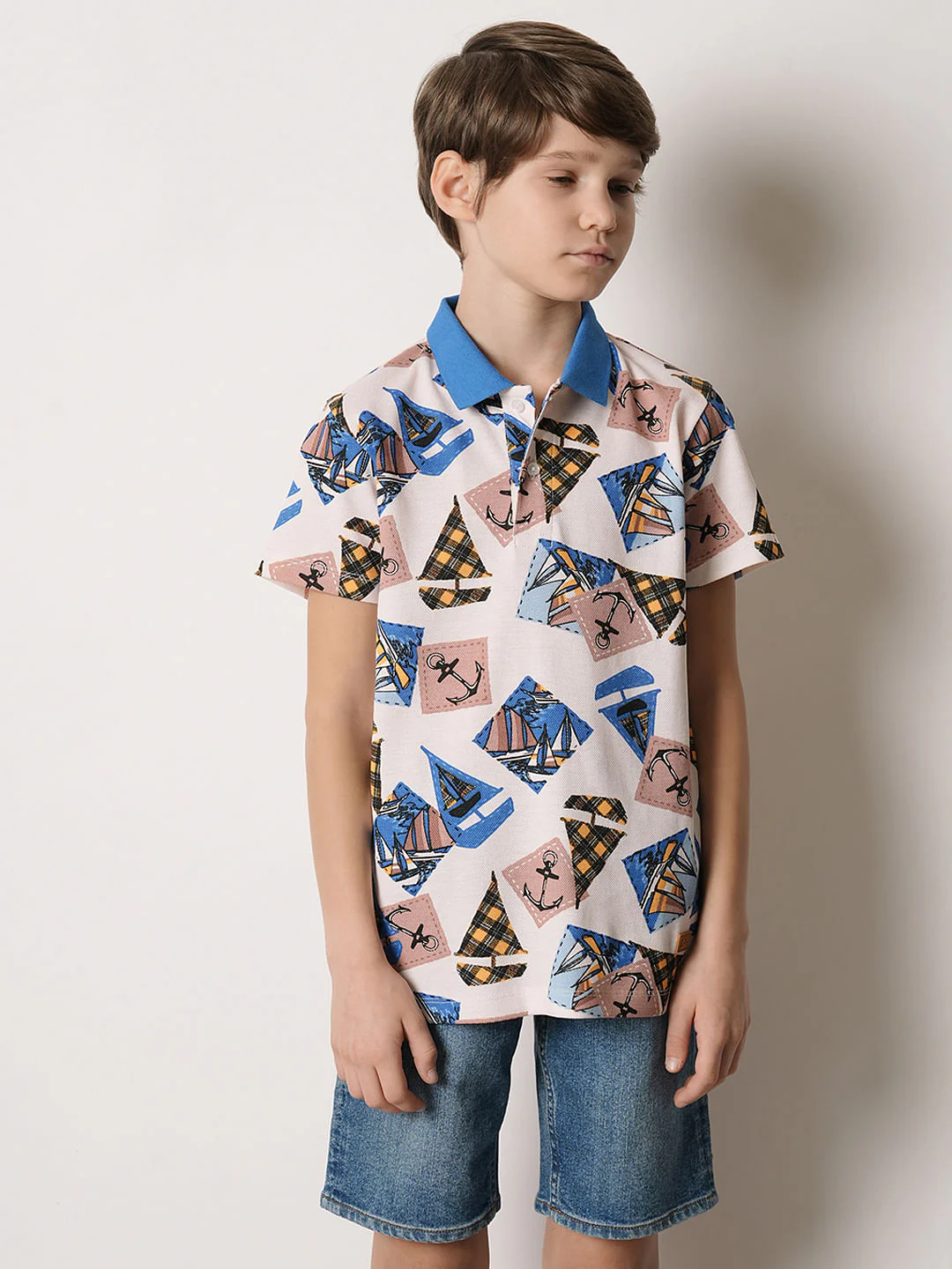 Boys Beige Boat Print Polo T-shirt - Image 2