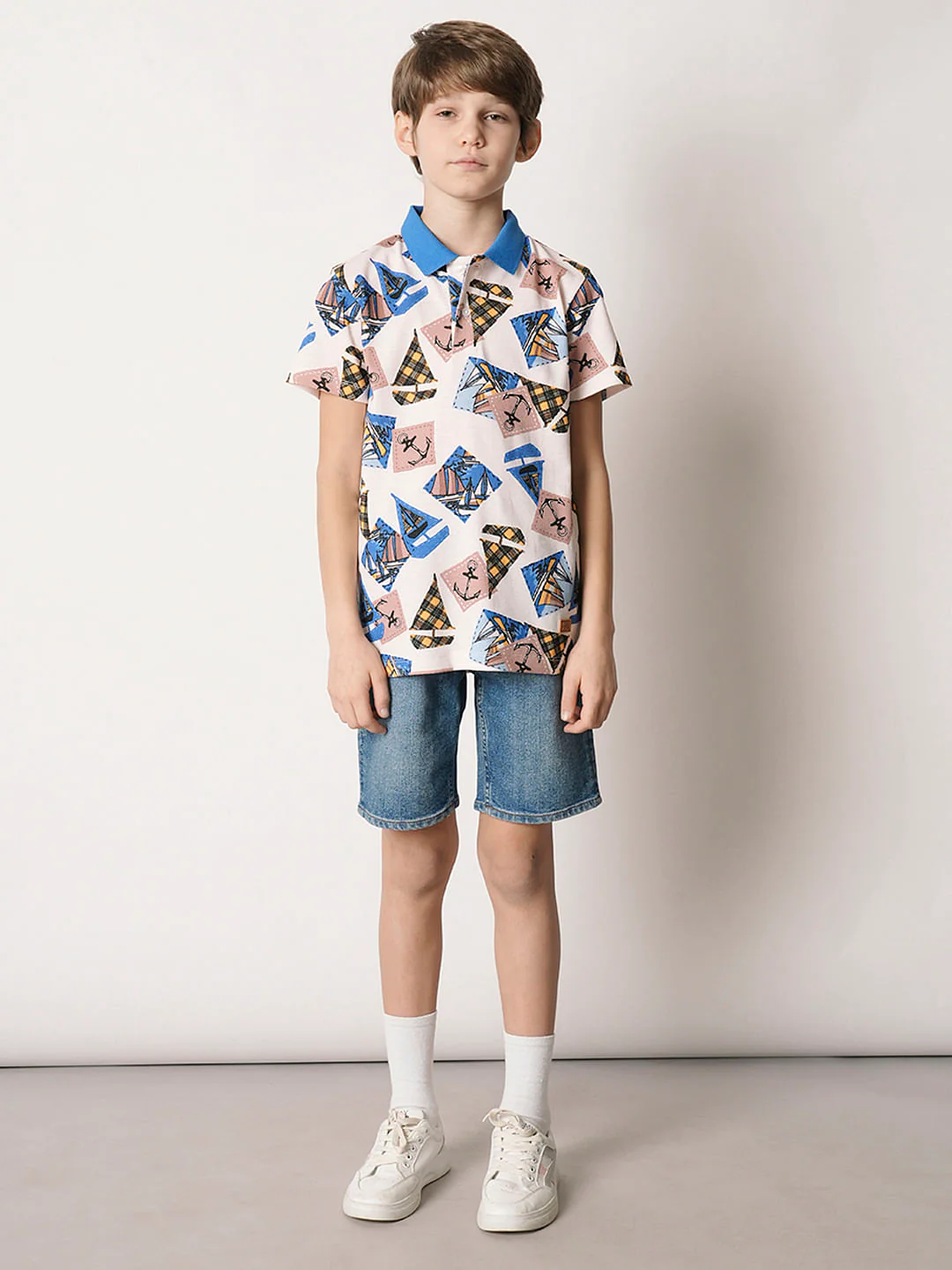 Boys Beige Boat Print Polo T-shirt - Image 5