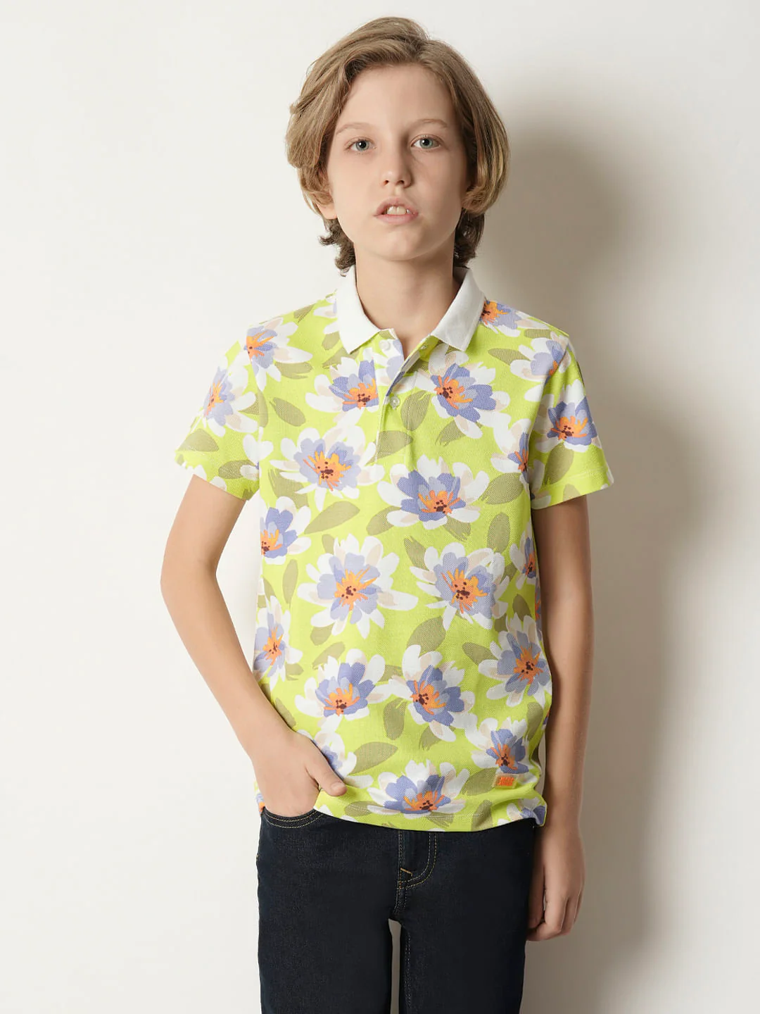 Boys Green Floral Polo T-shirt - Image 2
