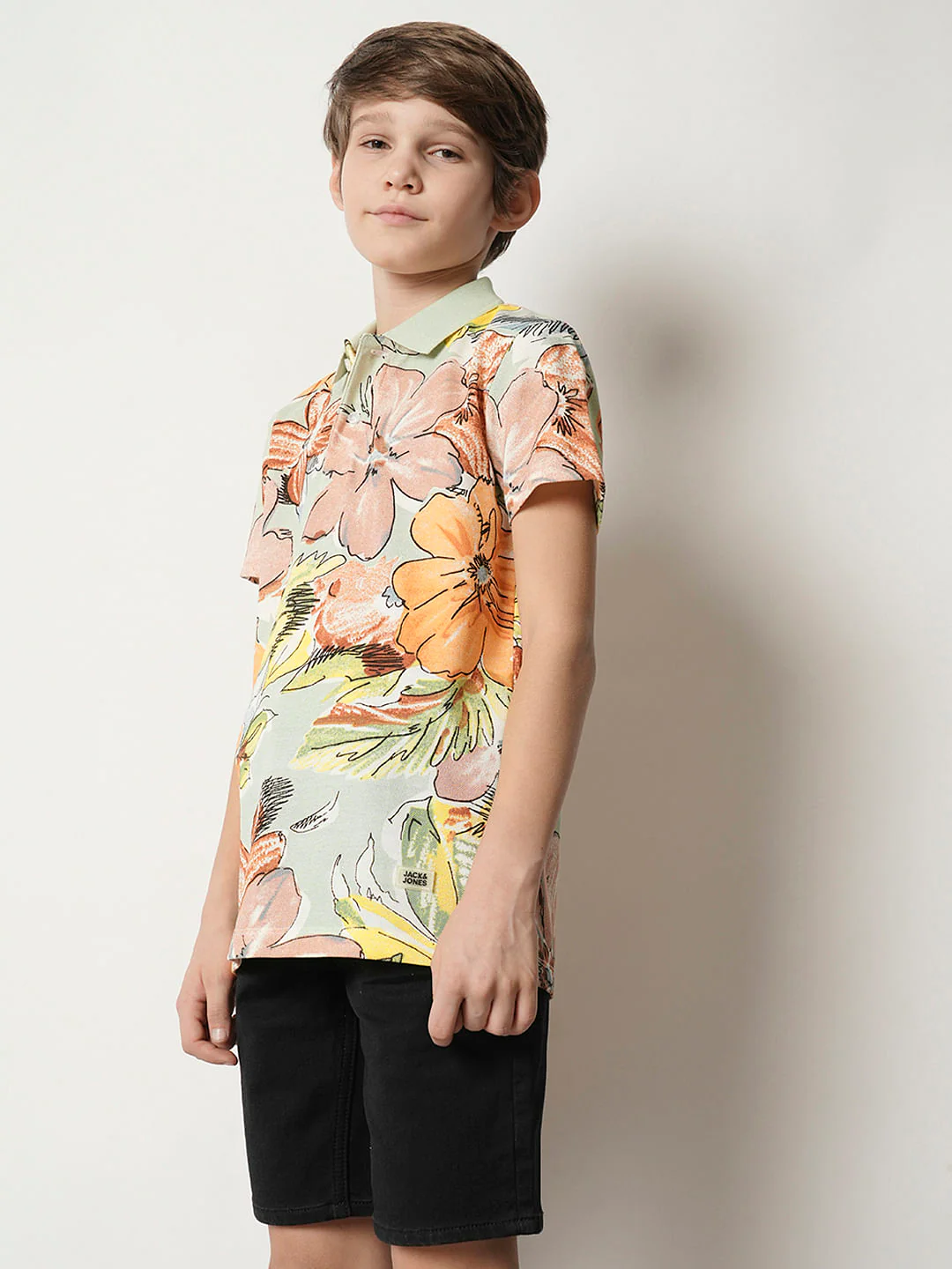 Boys Green Floral Polo T-shirt - Image 3