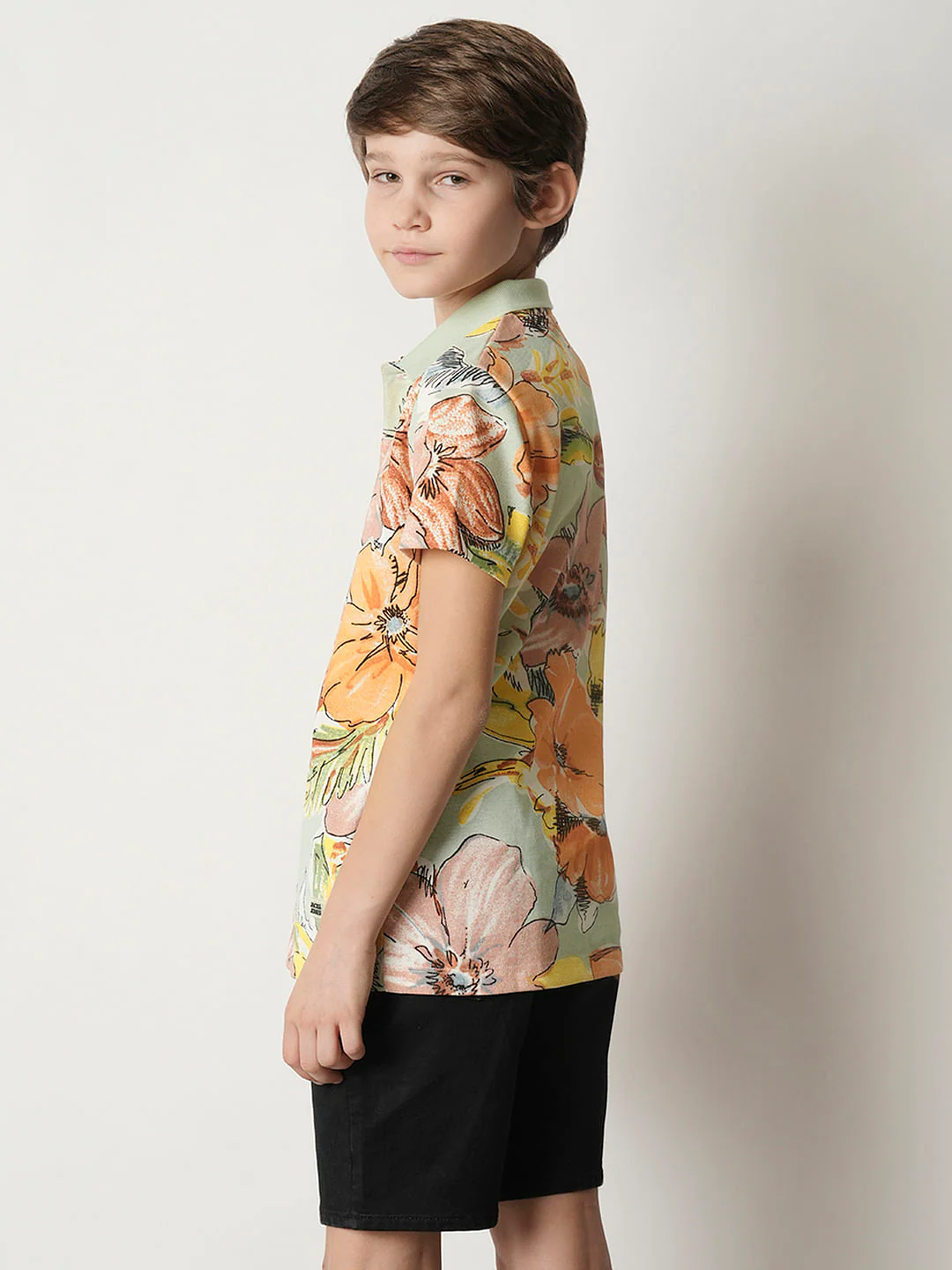 Boys Green Floral Polo T-shirt - Image 4