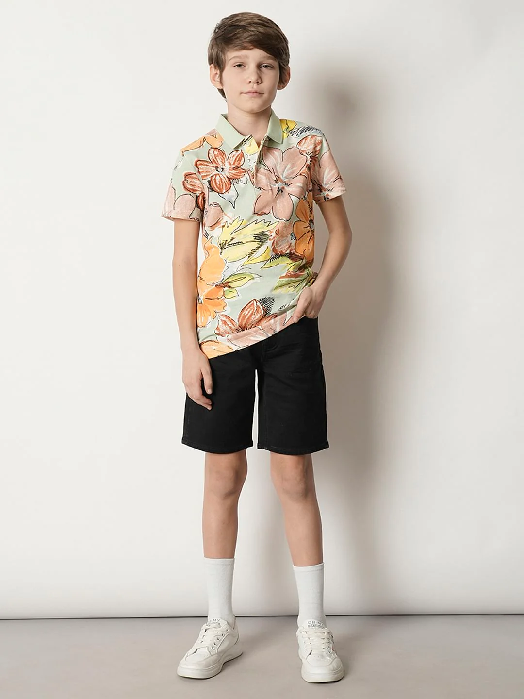 Boys Green Floral Polo T-shirt - Image 5