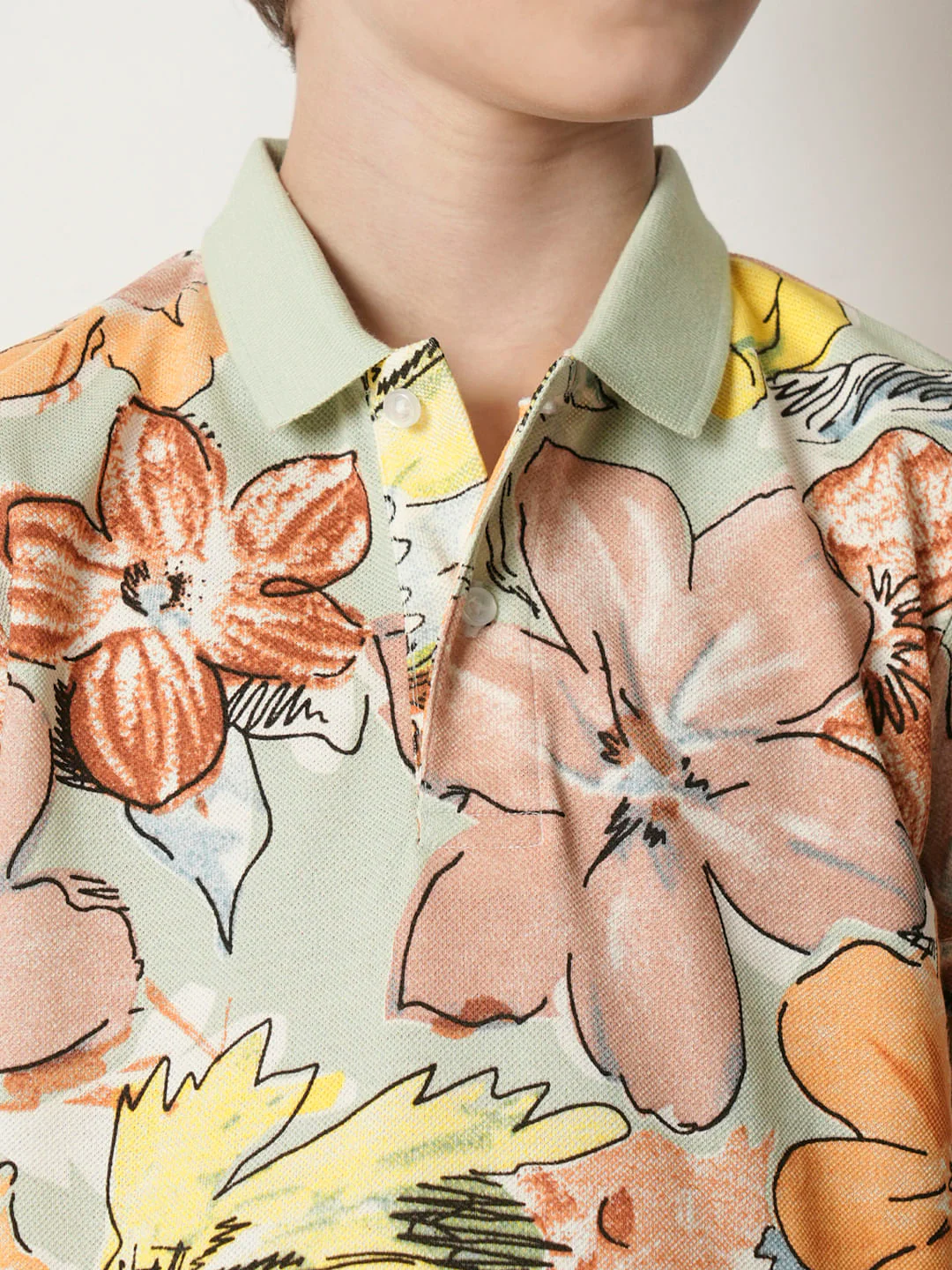 Boys Green Floral Polo T-shirt - Image 6