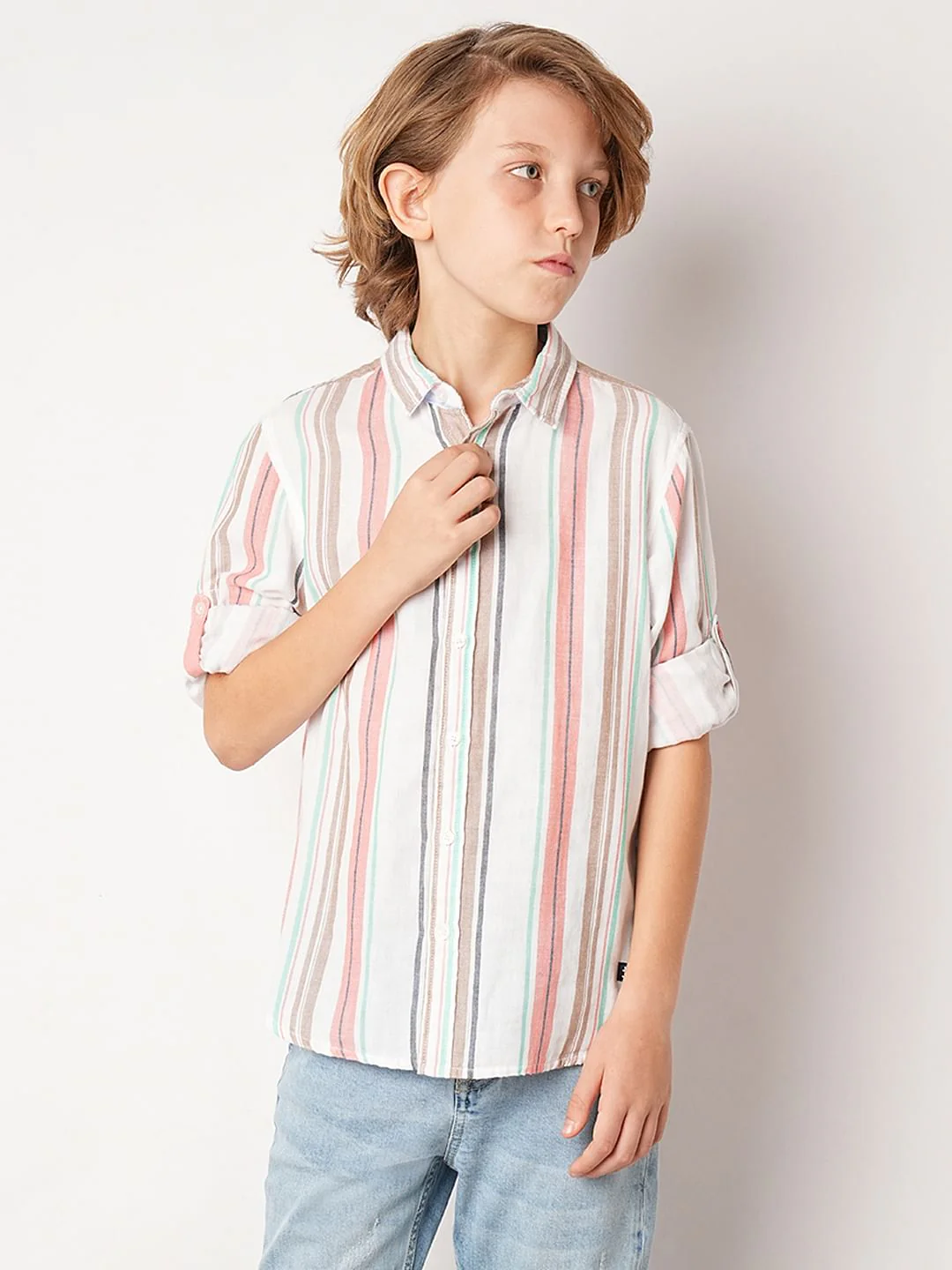 Beige Striped Full Sleeves Shirt - Image 2