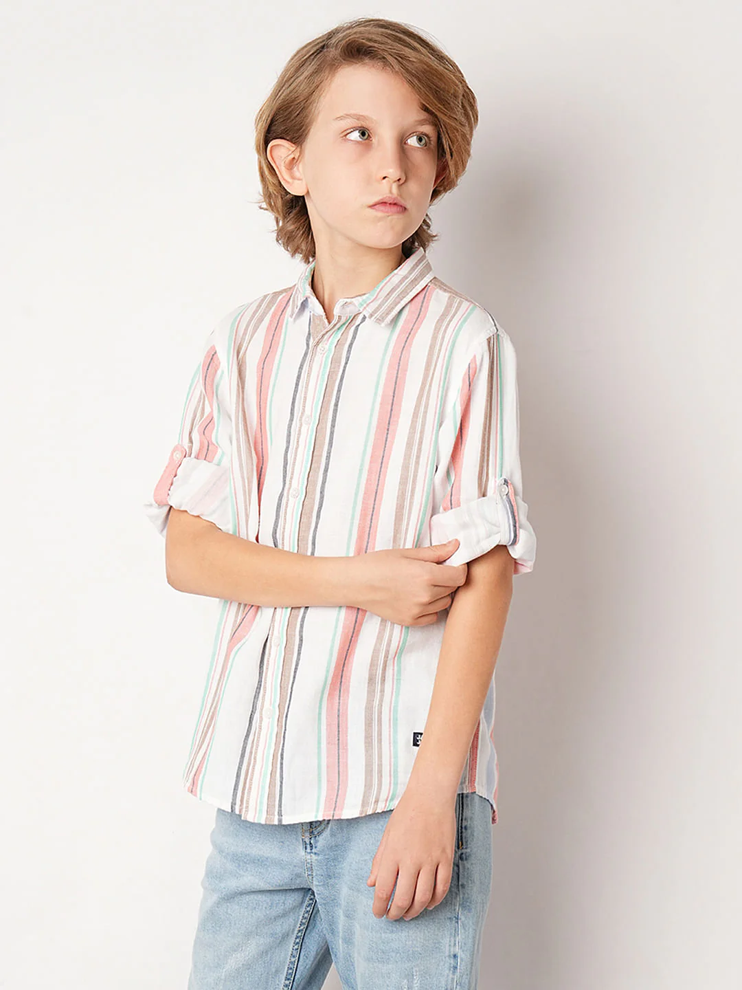 Beige Striped Full Sleeves Shirt - Image 3