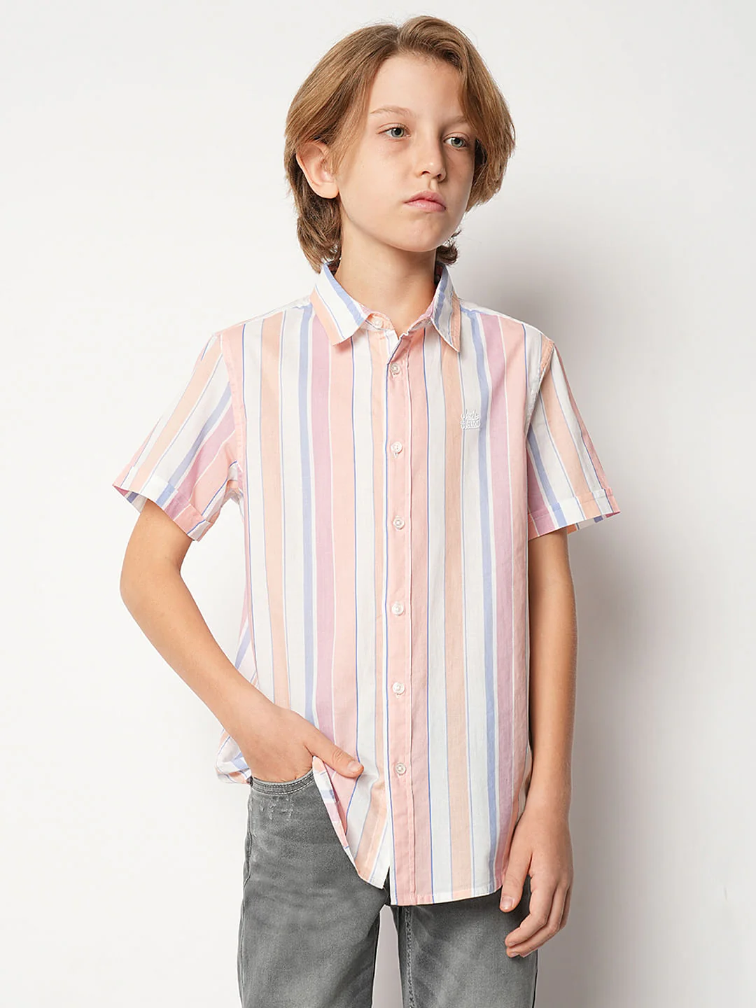 Boys Pink Striped Short Sleeves Shirt - Image 2