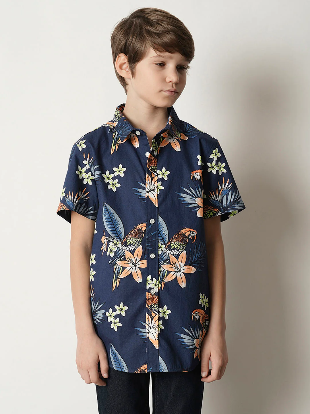 Boys Navy Blue Floral Cotton Shirt - Image 2