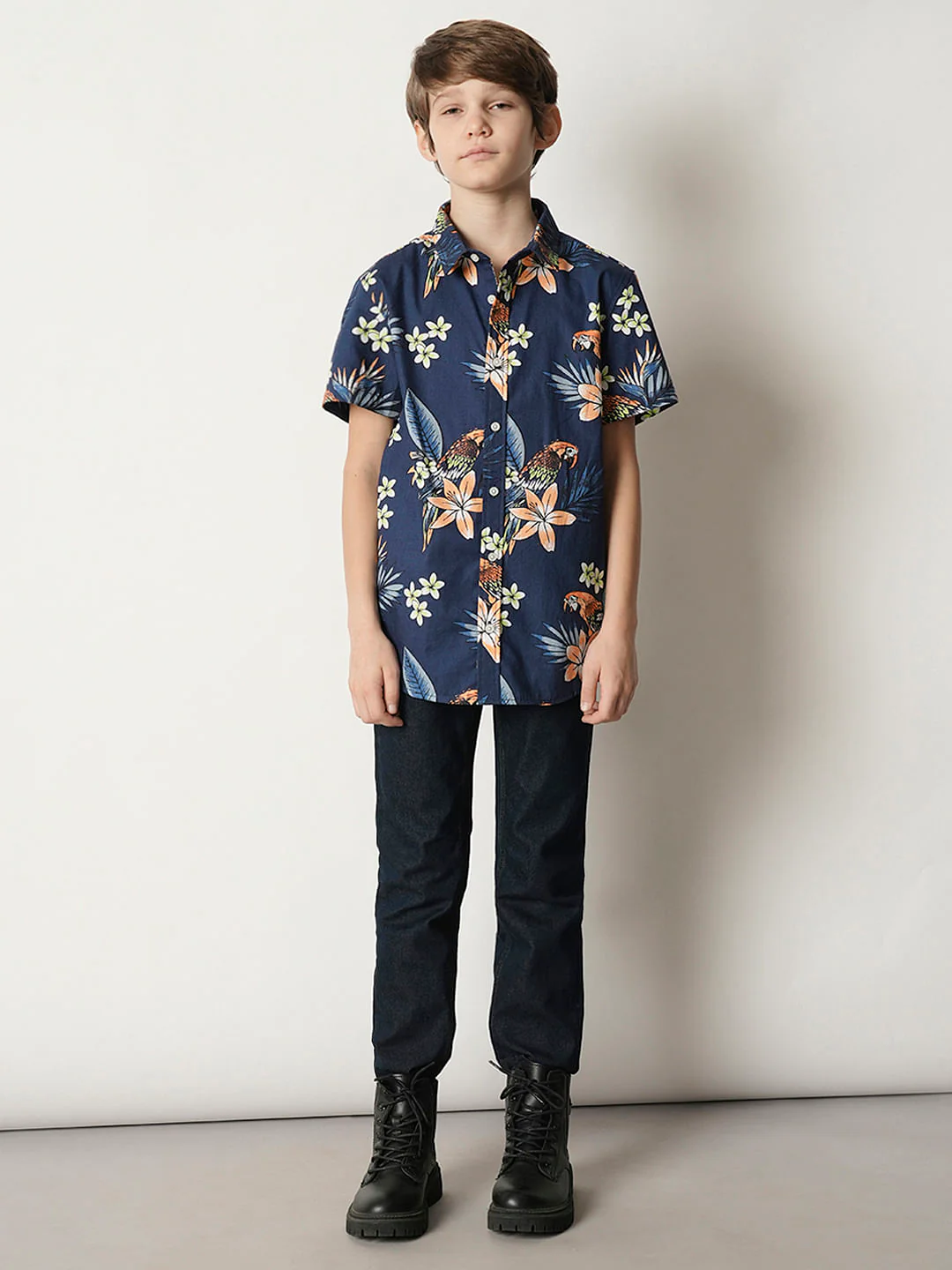 Boys Navy Blue Floral Cotton Shirt - Image 5