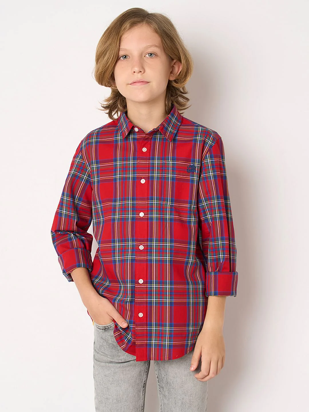 Boys Red Check Full Sleeves Shirt - Image 2