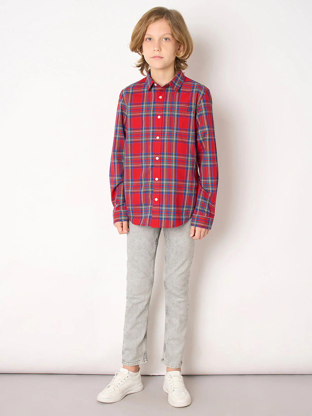 Boys Red Check Full Sleeves Shirt - Image 5