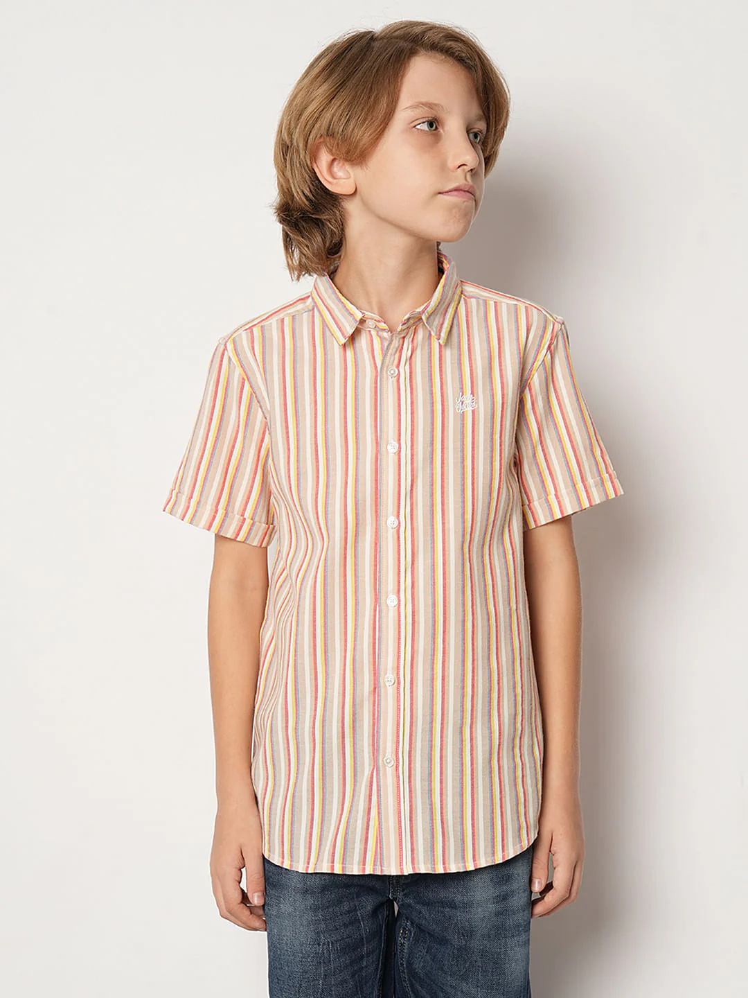 Boys Beige Striped Short Sleeves Shirt - Image 2