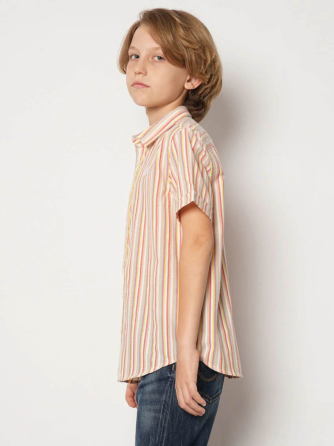 Boys Beige Striped Short Sleeves Shirt - Image 3