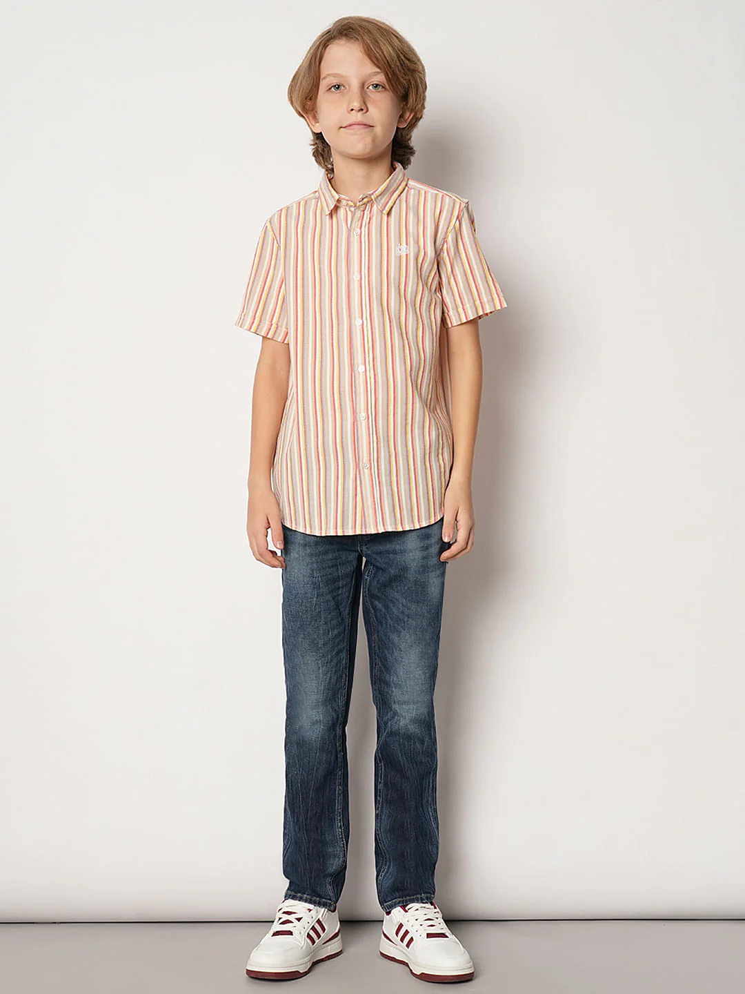 Boys Beige Striped Short Sleeves Shirt - Image 5