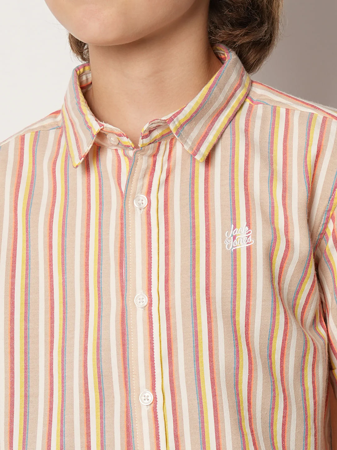 Boys Beige Striped Short Sleeves Shirt - Image 6