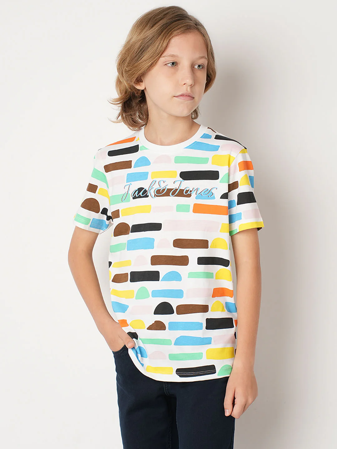 Boys White Printed Crew Neck T-shirt - Image 2