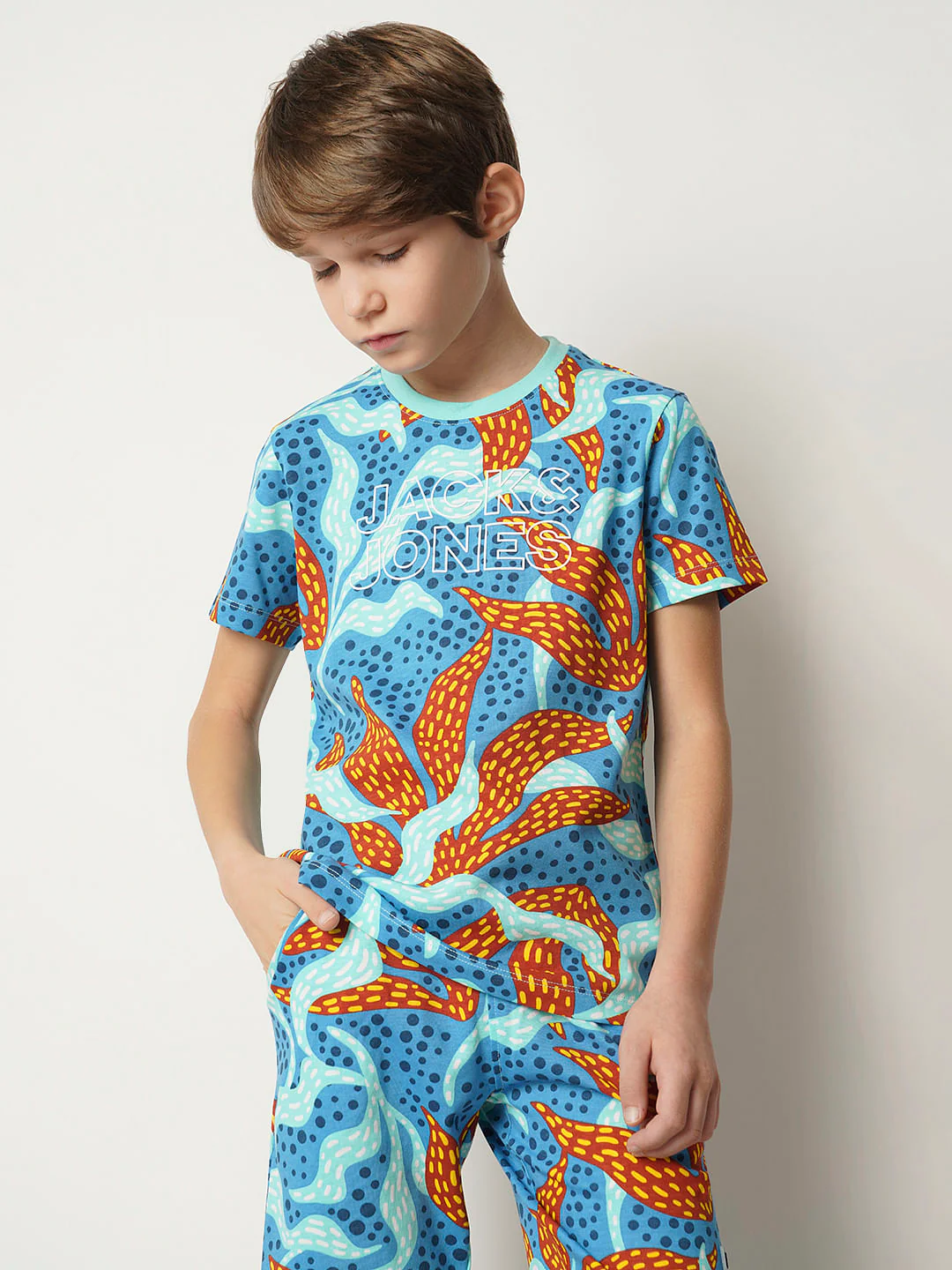 Boys Blue Coral Print Co-ord Set T-shirt - Image 2