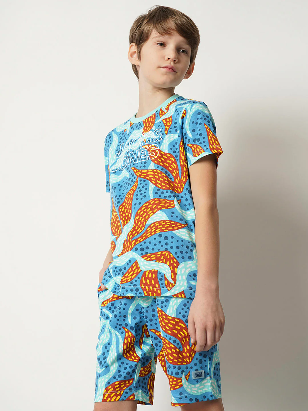 Boys Blue Coral Print Co-ord Set T-shirt - Image 3