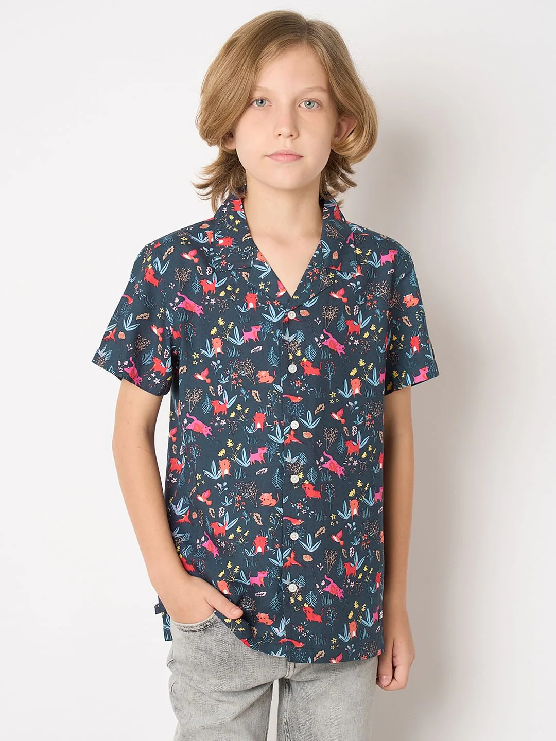 Boys Blue Printed Short Sleeves Shirt - Image 2