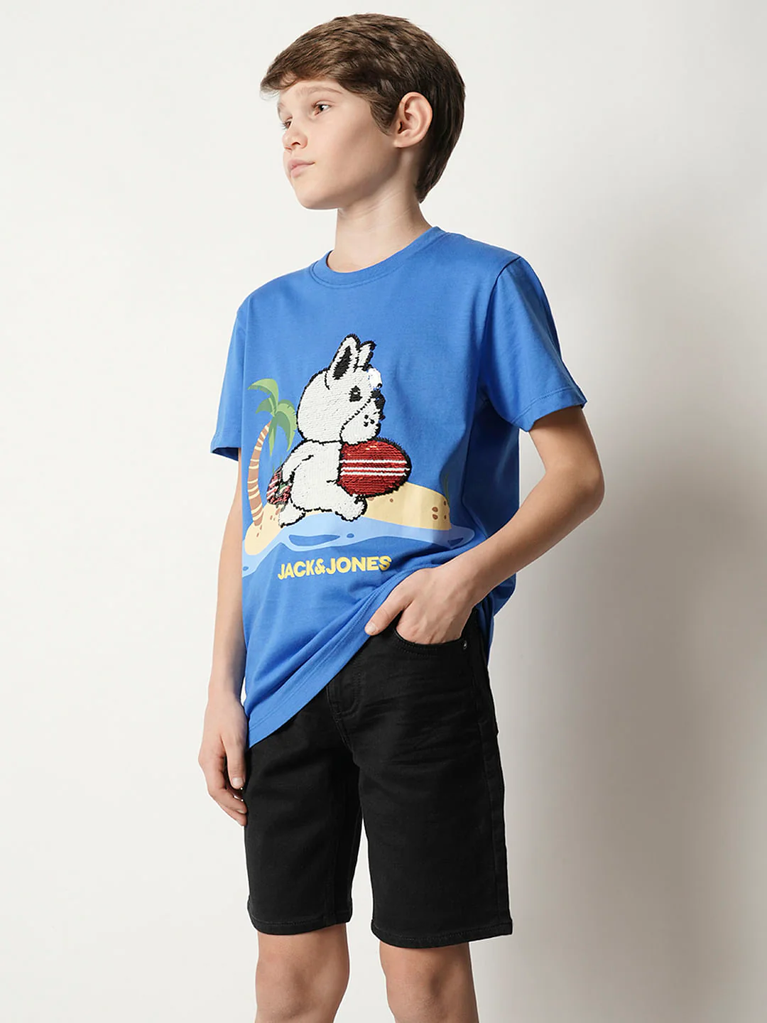 Boys Blue Sequined Graphic T-shirt - Image 3