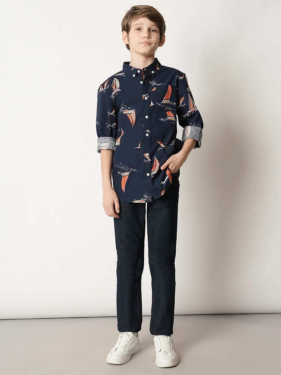 Boys Blue Boat Print Full Sleeves Shirt - Image 5