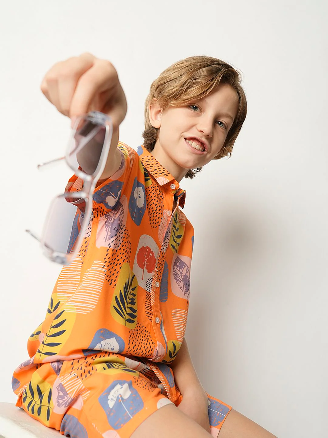 Boys Orange Tropical Print Co-ord Set Shirt