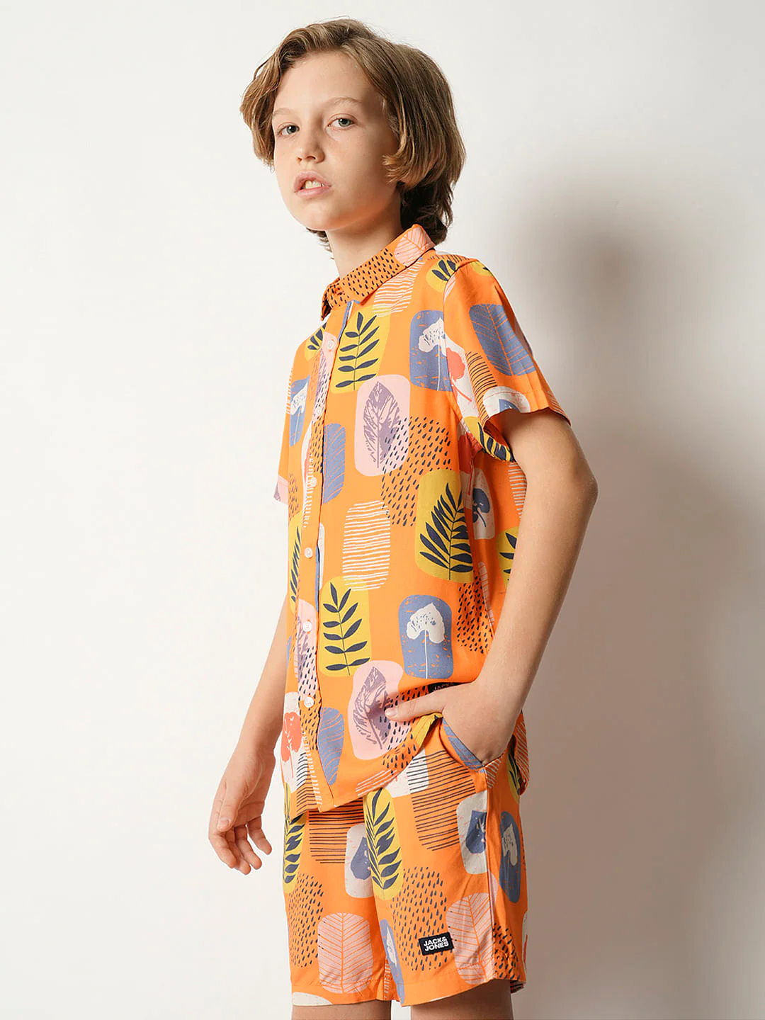 Boys Orange Tropical Print Co-ord Set Shirt - Image 3
