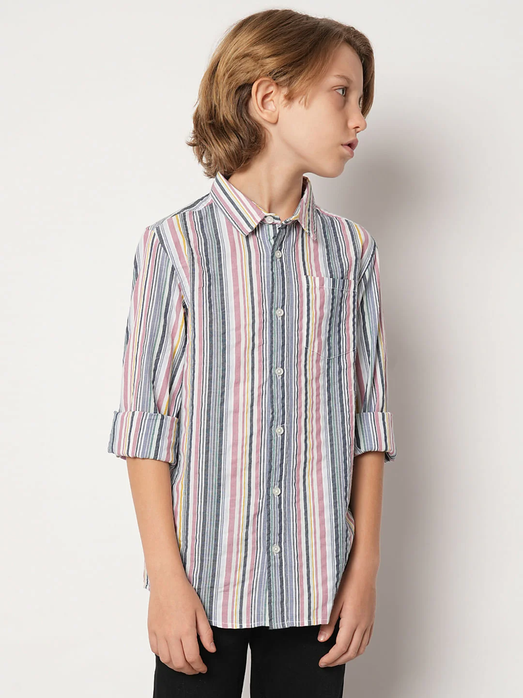 Boys White Striped Full Sleeves Shirt - Image 2