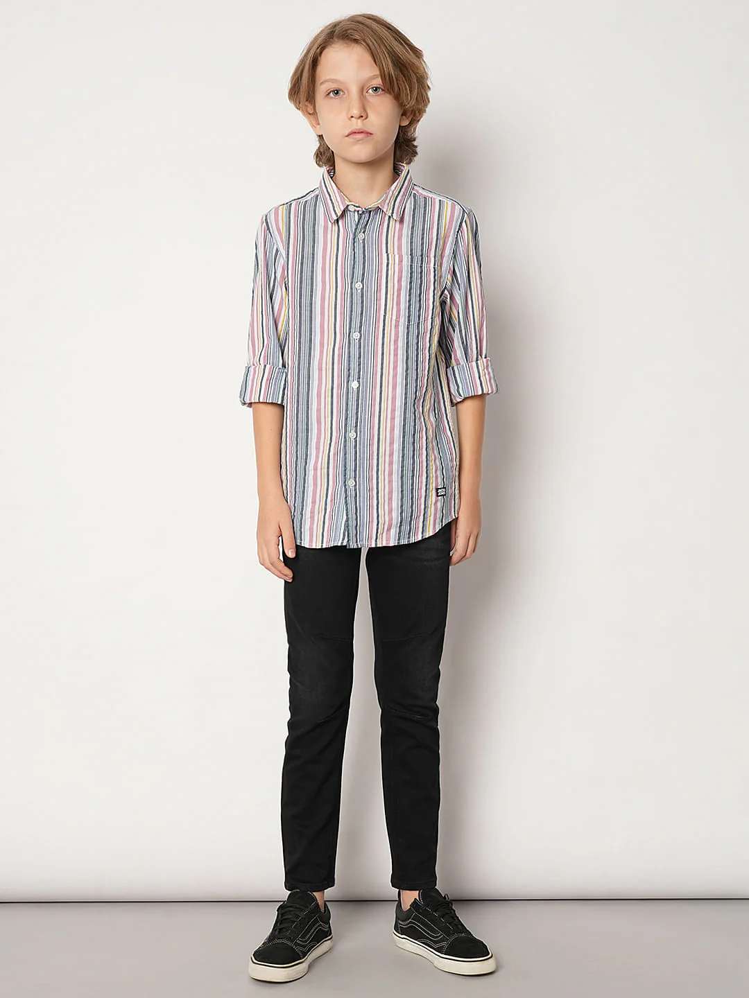 Boys White Striped Full Sleeves Shirt - Image 5