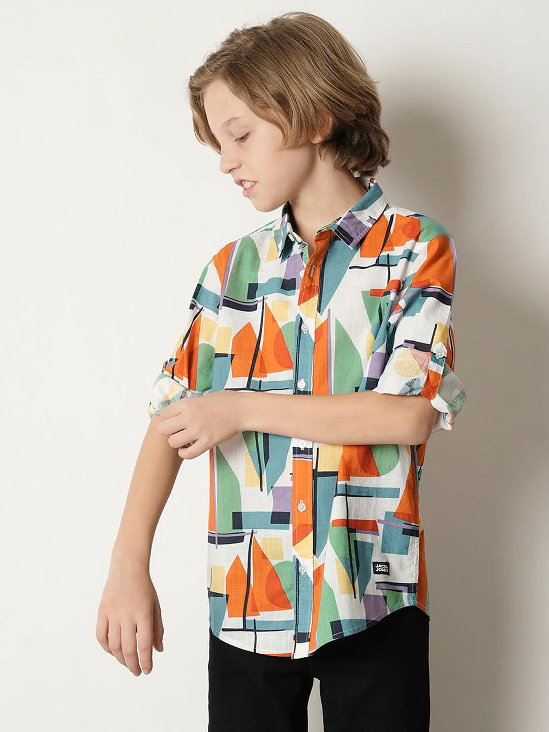 Boys Orange Abstract Print Full Sleeves Shirt - Image 2