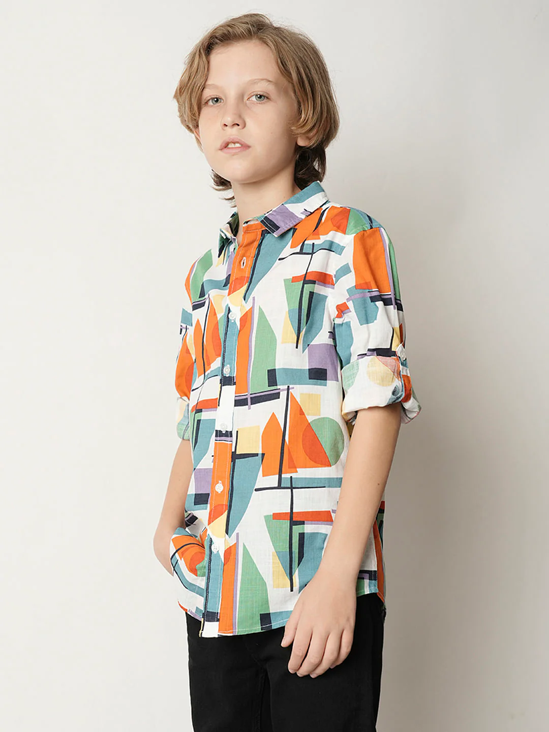 Boys Orange Abstract Print Full Sleeves Shirt - Image 3