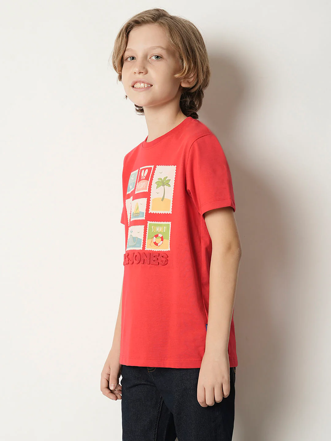 Boys Red Stamp Print Crew Neck T-shirt - Image 3