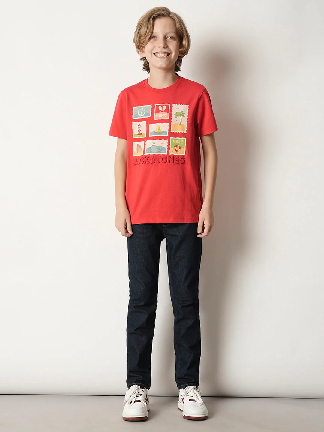 Boys Red Stamp Print Crew Neck T-shirt - Image 5