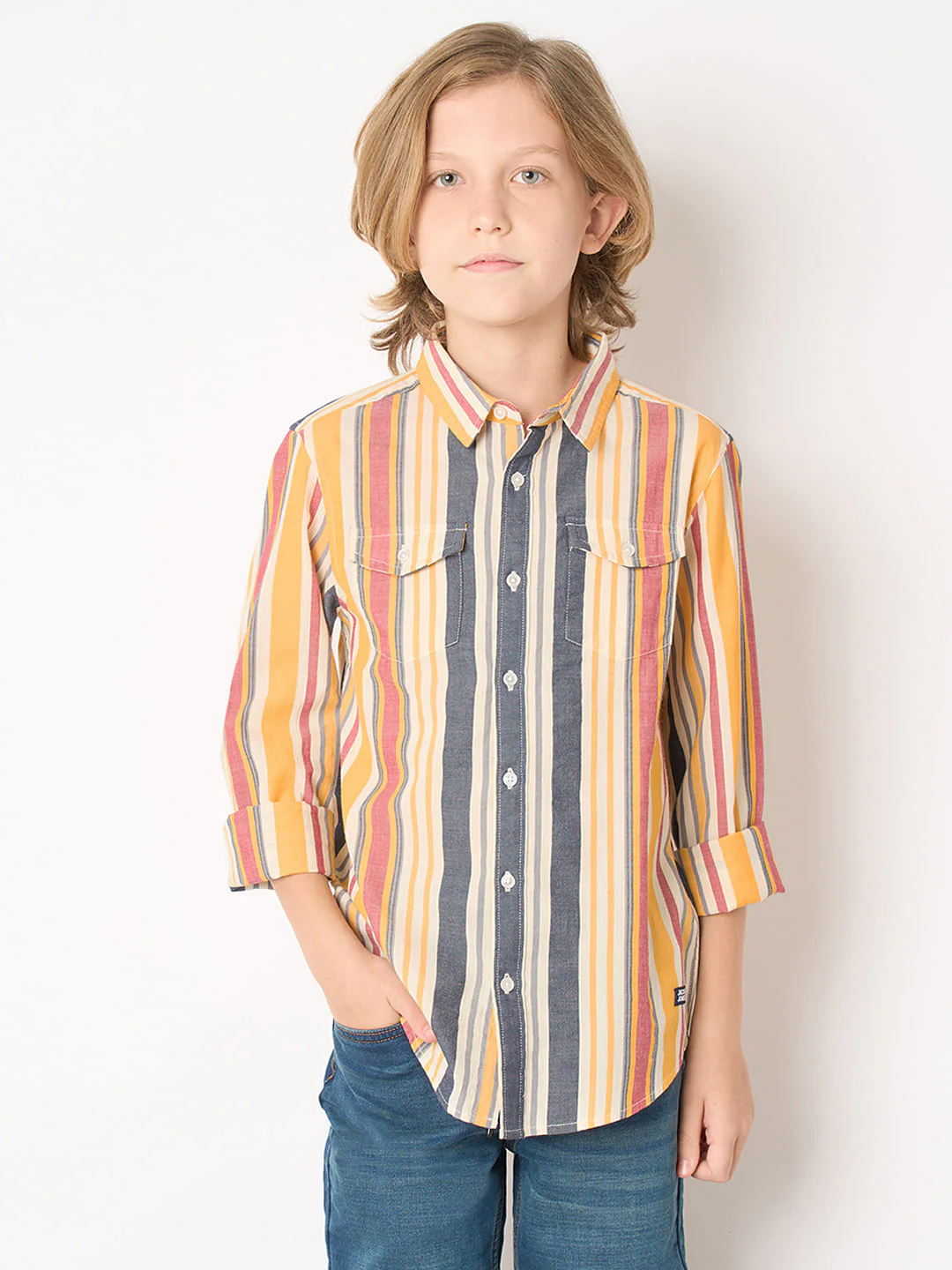 Boys Yellow Striped Full Sleeves Shirt - Image 2