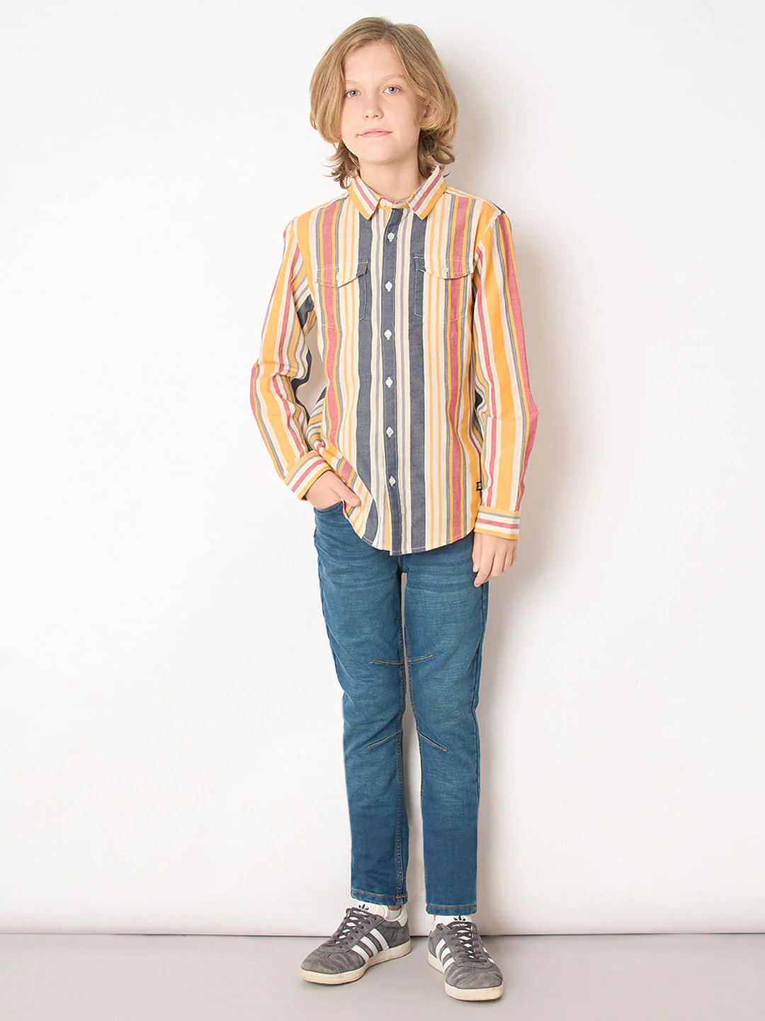 Boys Yellow Striped Full Sleeves Shirt - Image 5