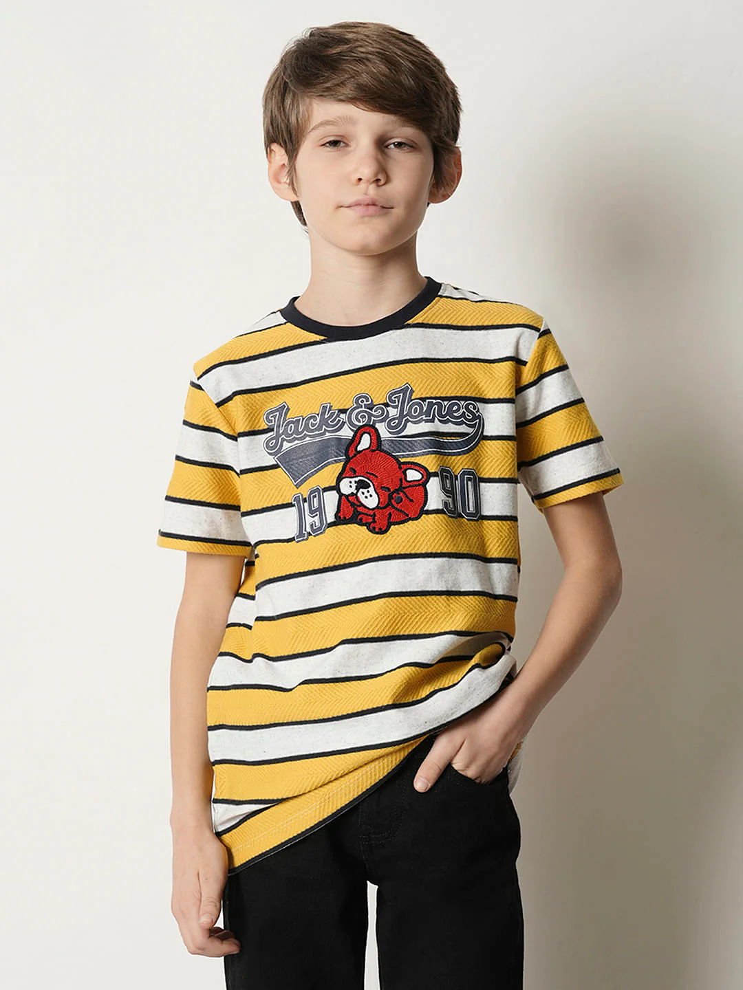 Boys Yellow Striped Crew Neck T-shirt - Image 2