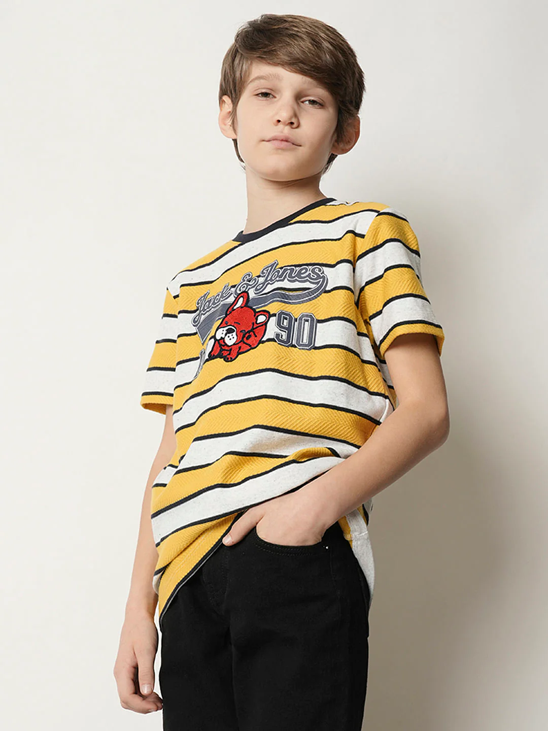 Boys Yellow Striped Crew Neck T-shirt - Image 3