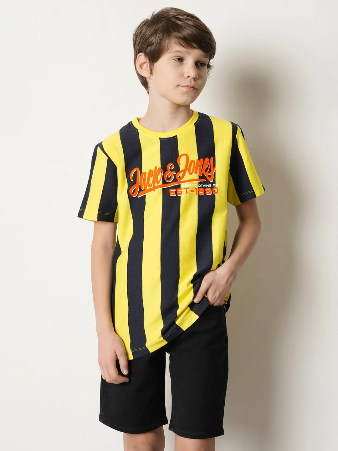 Boys Yellow Striped Crew Neck T-shirt - Image 2