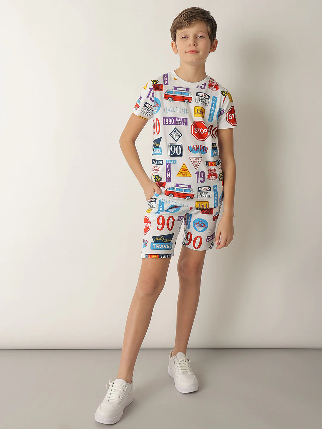 Boys White Sticker Print Co-ord Set Shorts - Image 5
