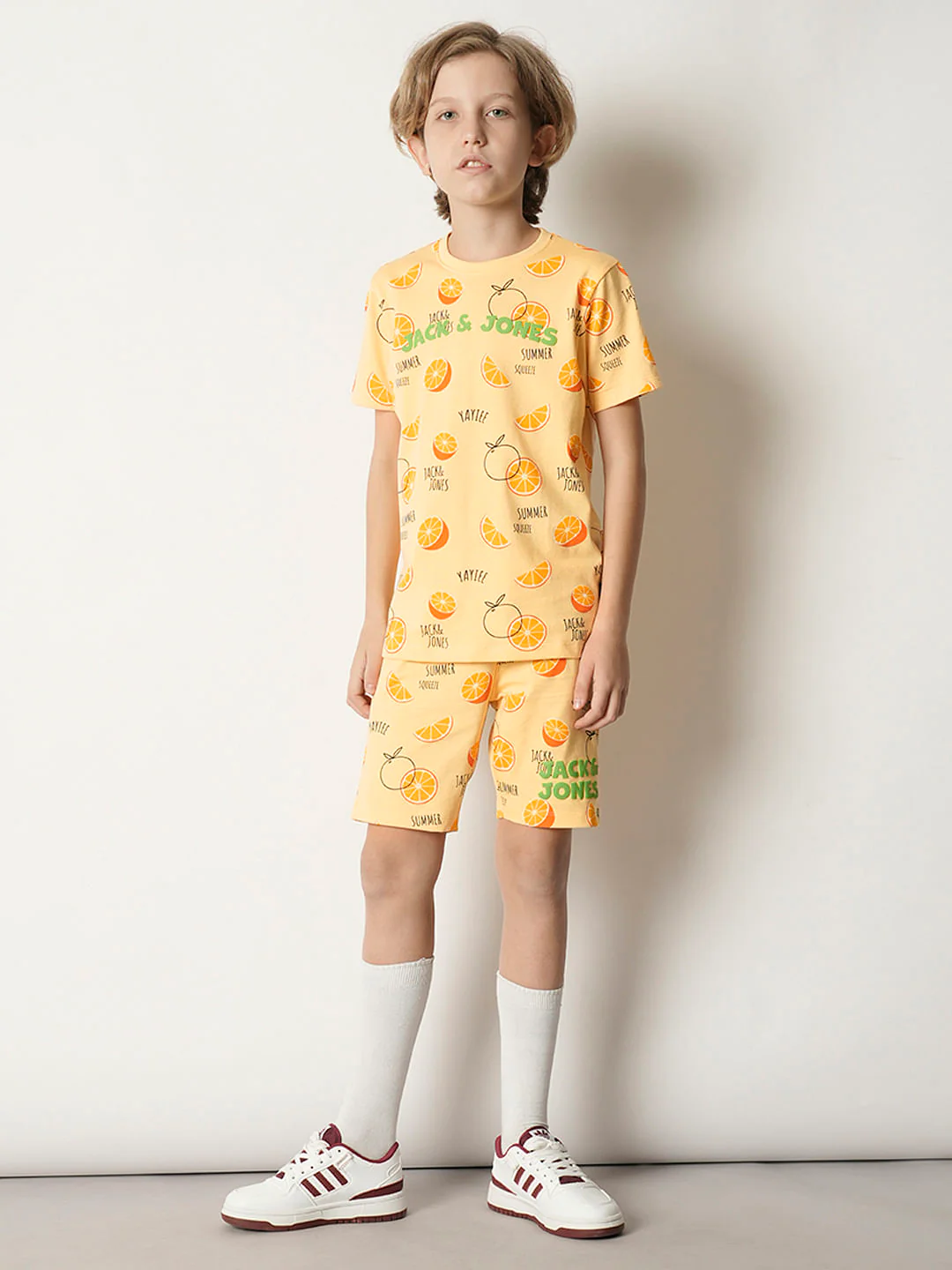 Boys Orange Fruits Print Co-ord Set Shorts - Image 5
