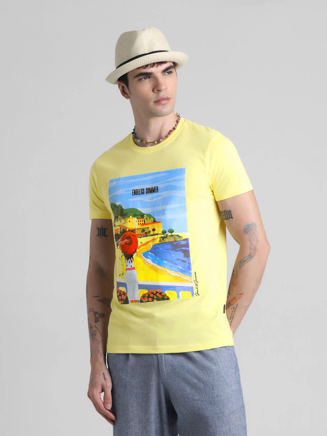 Yellow Printed Cotton T-shirt
