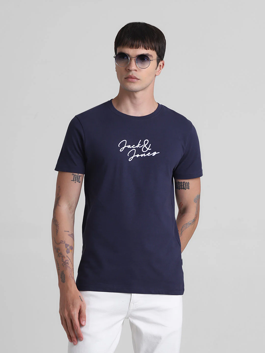 Navy Logo Print Cotton T-shirt