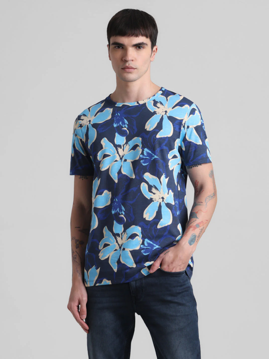 Navy Floral Cotton T-shirt - Image 2